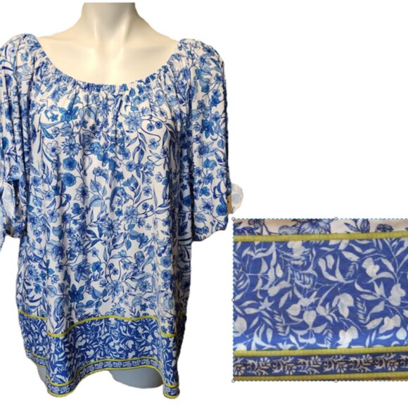 New CeCe top Women's XL Blue white floral Sleeve ties Scoop neck Border print - Picture 1 of 15